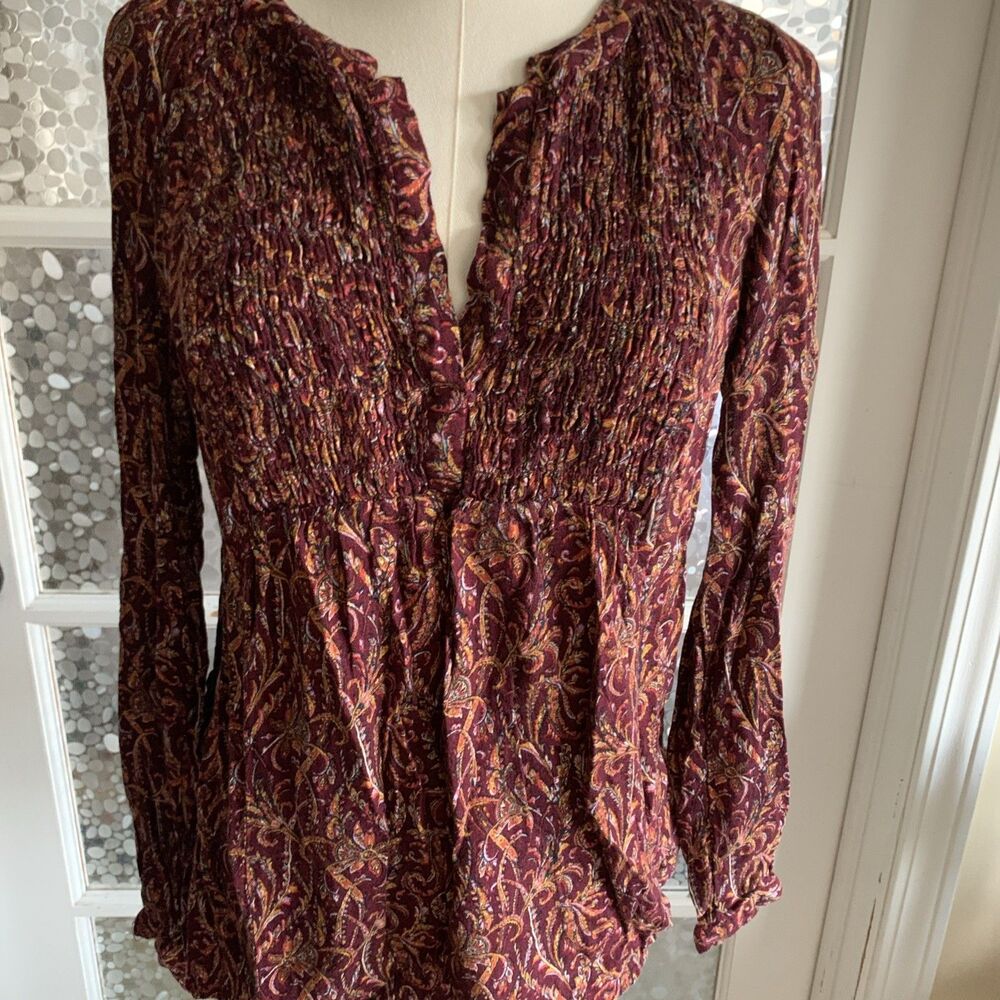 Lucky Brand Paisley Top Sz S Boho Blouse Tunic Gathered Front